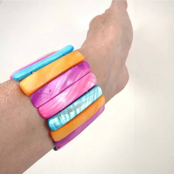 Abalone Shell Colorful Bracelet Stretch Wide Cuff Elastic Rainbow Colorful - Picture 8 of 9